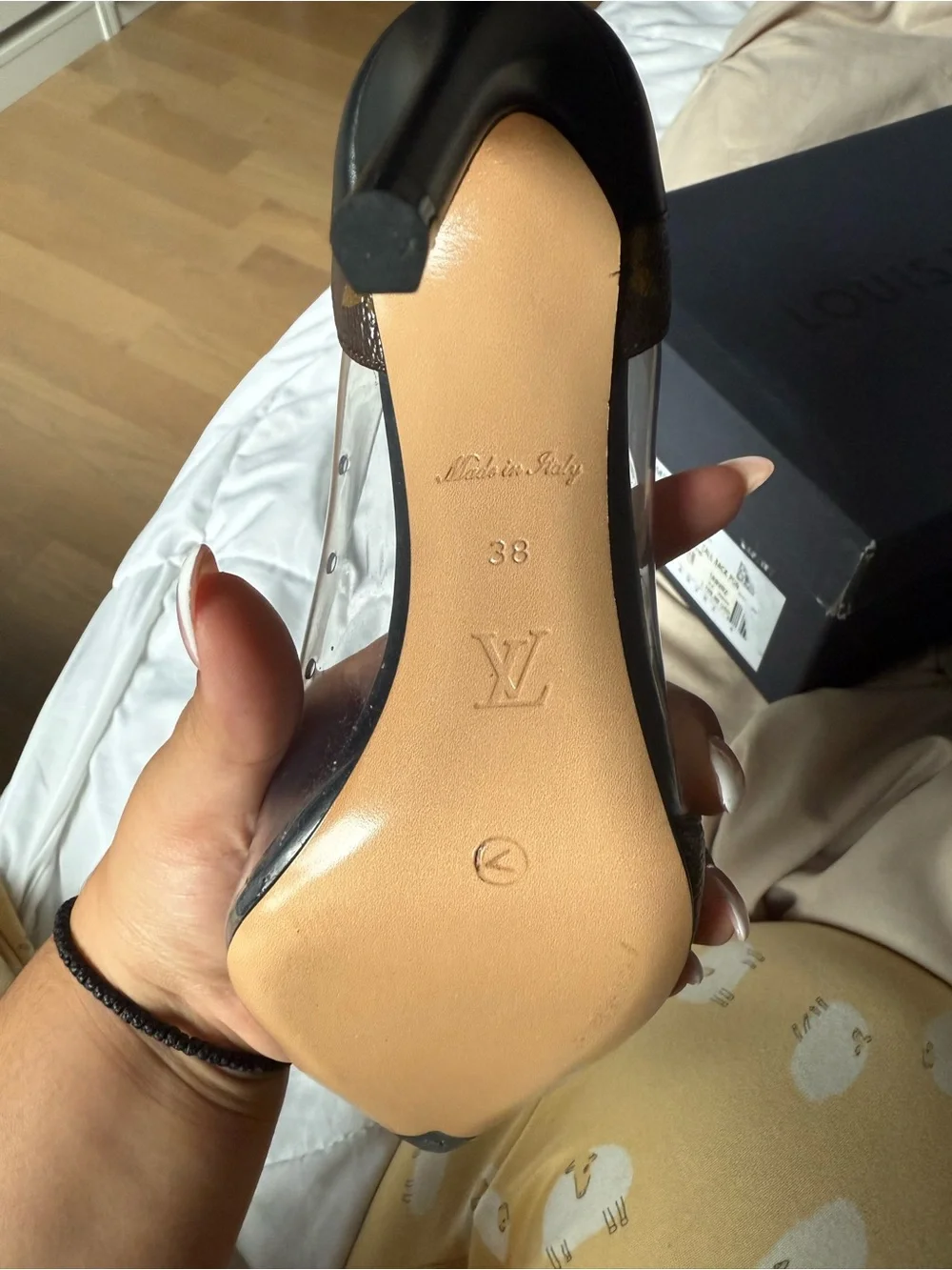 Louis vuitton Black Leather Pointed Toe Stiletto Pumps with Brown Monogram Strap
